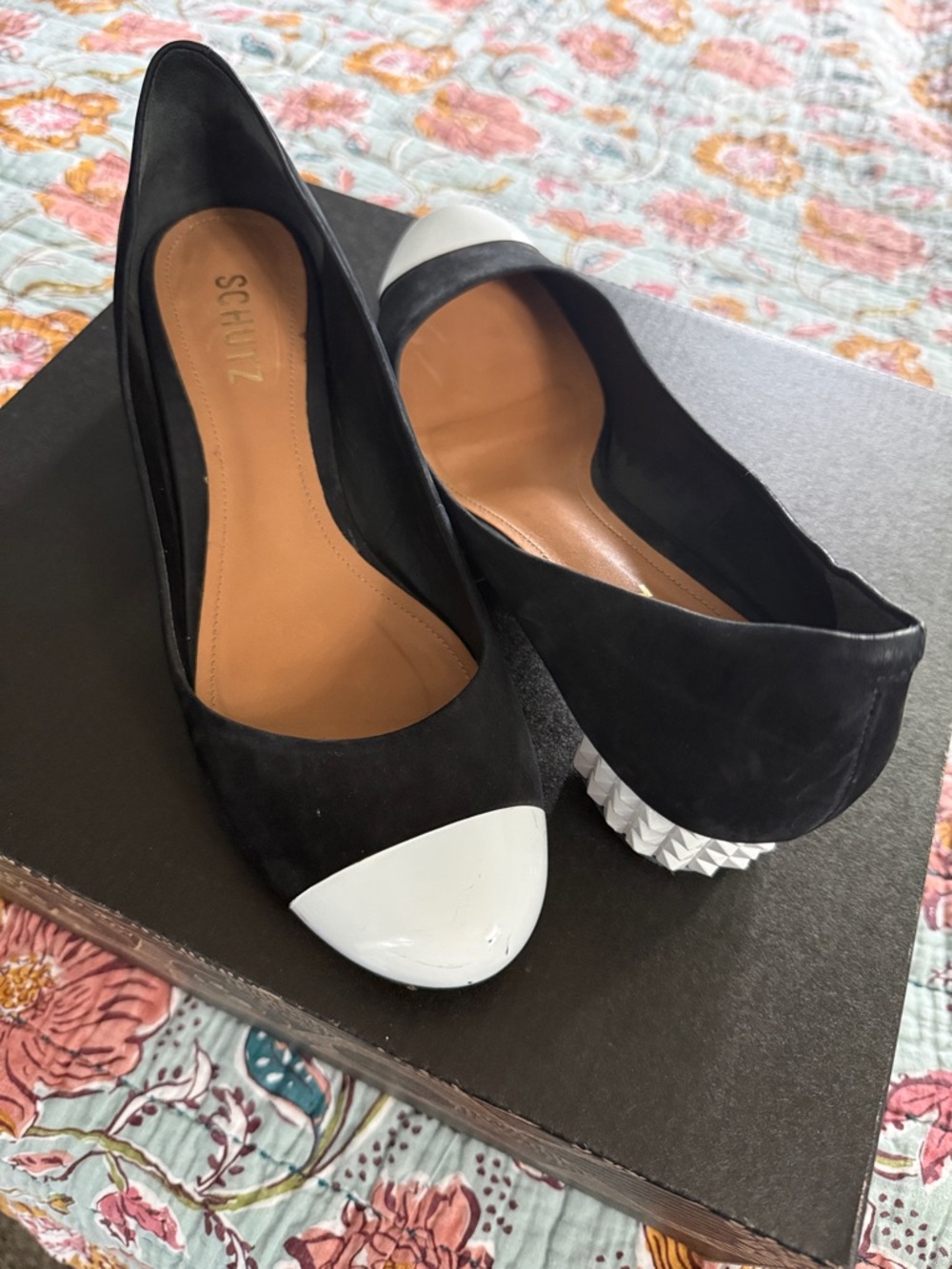 SCHUTZ Black Suede Flats with White Cap Toe Studded Heel size 9B